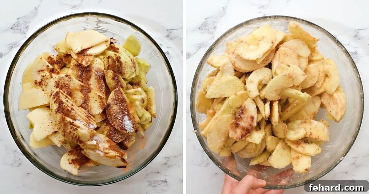 Spiced Apple Filling A side-by-side view showing freshly sliced apples mixed with sugar and spices in a large bowl, demonstrating the preparation of the pie filling.