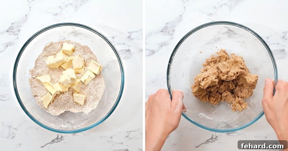 Crumbly Streusel Topping A side-by-side comparison of streusel ingredients before mixing and after the cold butter has been incorporated, showing the ideal crumbly texture.