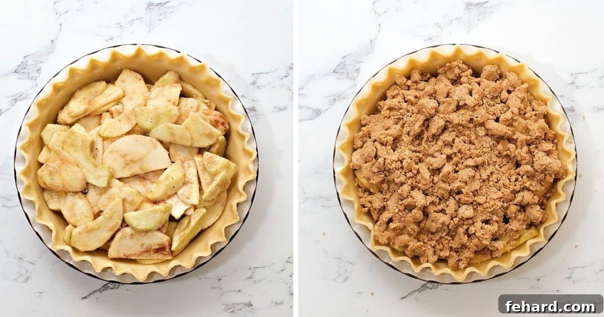 Assembling the Dutch Apple Pie A side-by-side image showing the pie first with just the apple filling, and then with the crumb topping added on top, ready for baking.