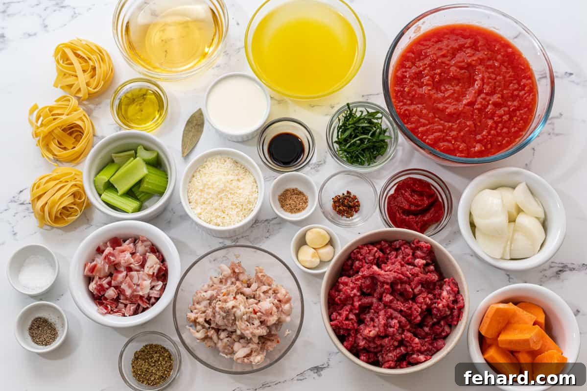 A curated selection of fresh ingredients for authentic Bolognese sauce, including vegetables, various meats, wine, and tomatoes, arranged on a kitchen counter.