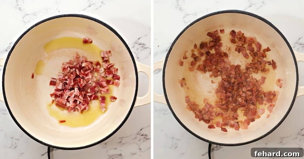 Side-by-side comparison showing raw pancetta cubes and beautifully browned, crispy pancetta in a large Dutch oven.