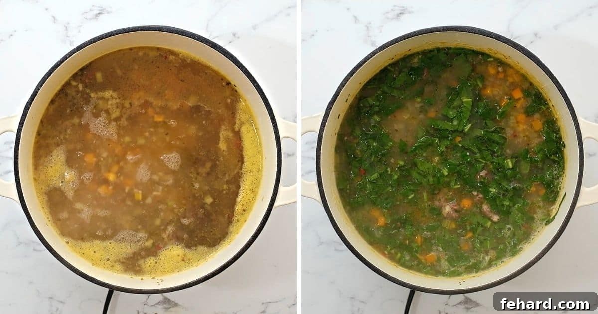 Italian Meatball Soup Side by side dutch oven with simmering soup before and after adding spinach.
