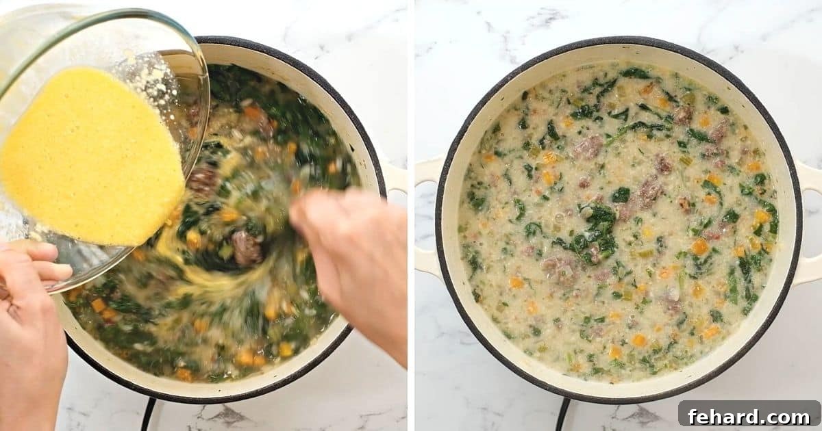 Italian Meatball Soup with Spinach Side by side photo showing swirling soup and after cooking.