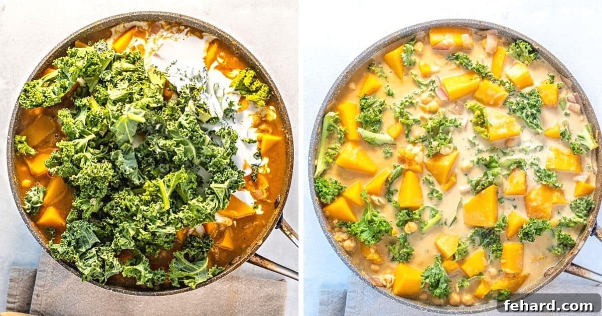 Side-by-side comparison showing the butternut squash curry before adding kale and coconut milk, and then after, with the kale wilted into the creamy sauce.