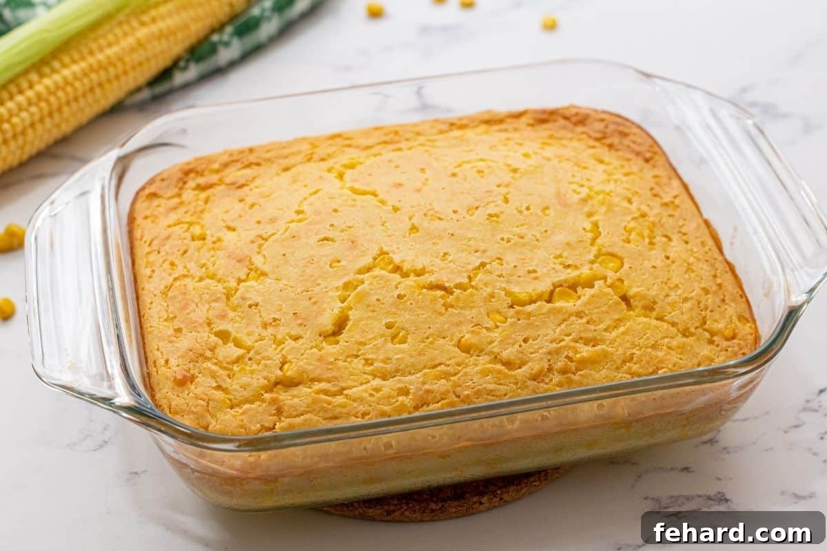 Baked Corn Casserole on counter. 