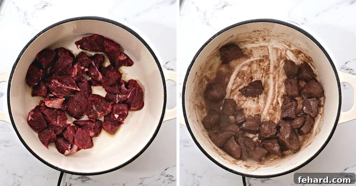 Before and after searing beef chunks in a Dutch oven, showing a rich brown crust.
