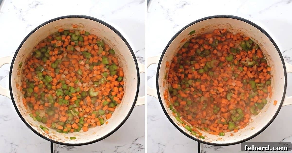 A mix of carrots, onions, and celery sautéing in a stock pot, with tomato paste added in a subsequent image.