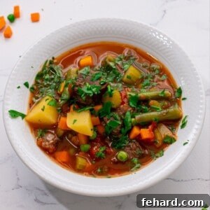 Old Fashioned Vegetable Beef Soup dished up in white bowl topped with parsley.
