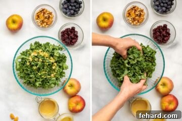 Side by side photo showing kale salad with maple dressing before and while massaging the dressing into the greens.