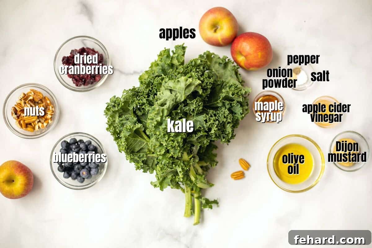 Labeled ingredients for Kale Apple Salad neatly arranged on a kitchen counter, including fresh kale, apples, cranberries, nuts, and dressing components.