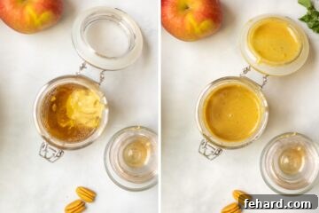 Side by side photo of maple dijon dressing in container before and after mixing it together.