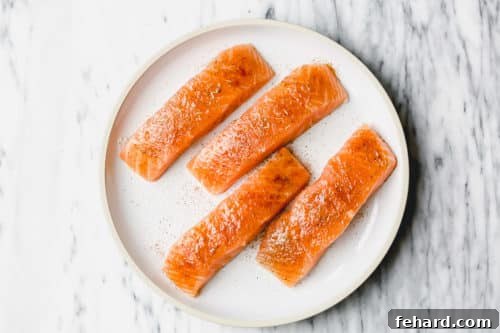 Overhead view of white plate containing raw salmon fillets seasoned with spices, ready for air frying.