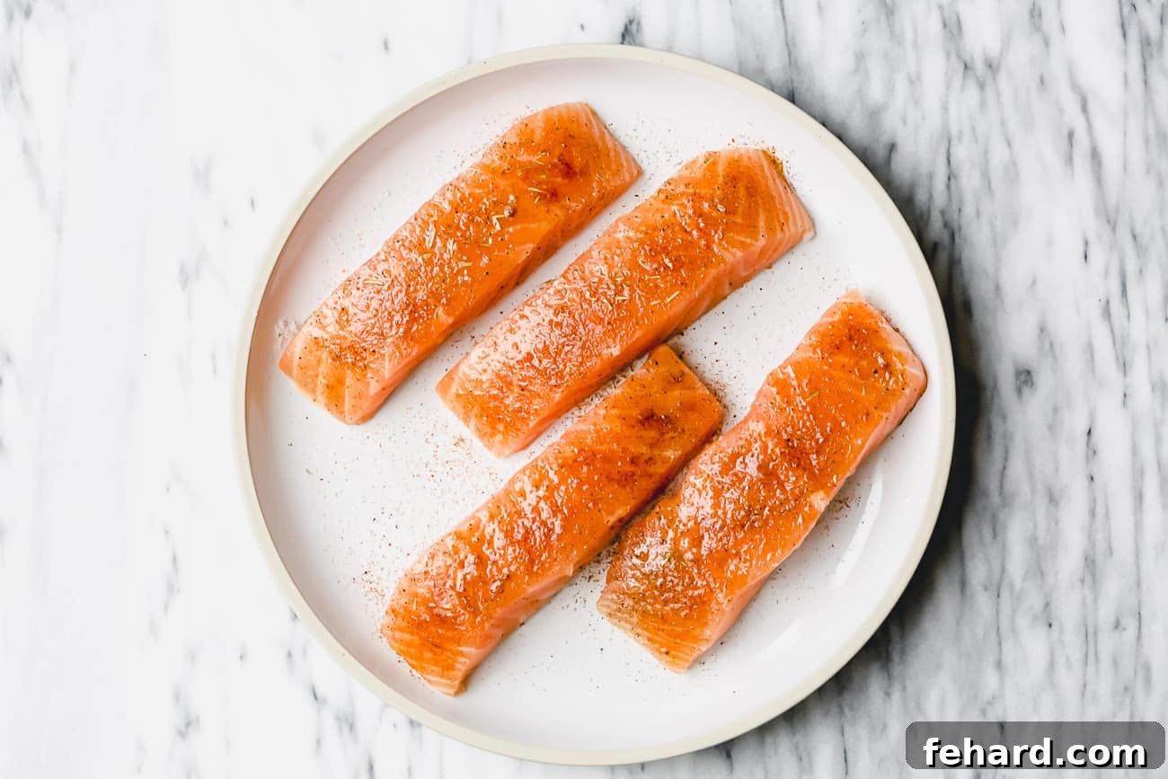 Overhead view of a white plate containing raw salmon fillets seasoned with spices, ready for air frying.