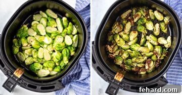 Side by side photo of brussels sprouts before and after air frying.