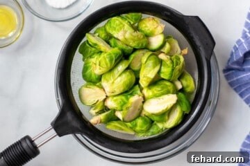 Steamed Brussels sprouts in fine mesh strainer.