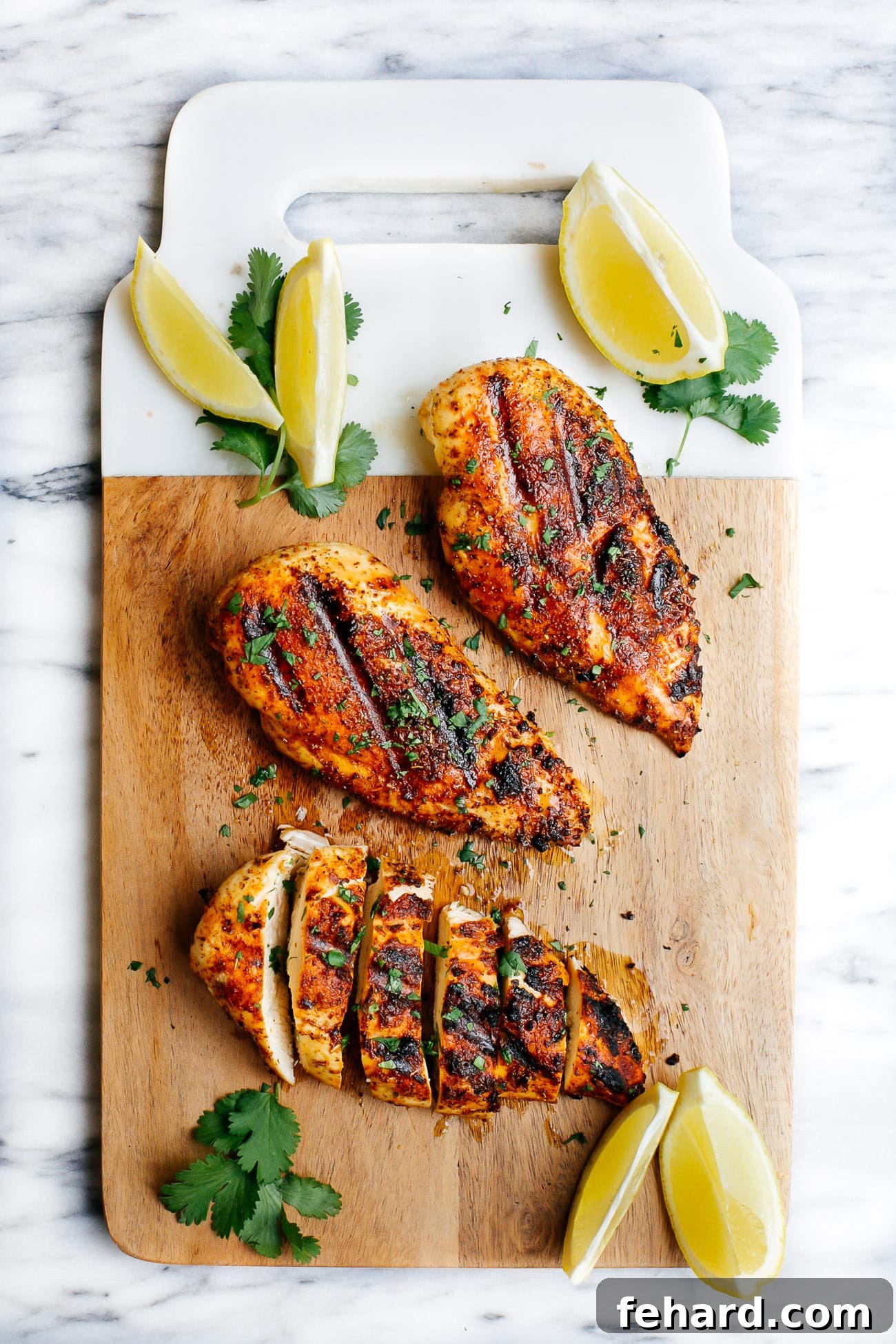 Overhead view of grilled chicken breast