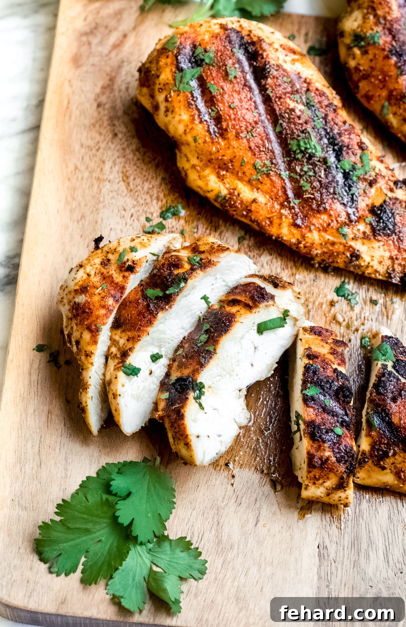 overhead view of grilled chicken breast