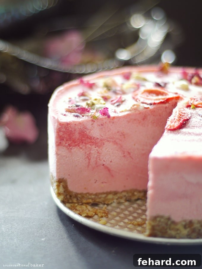 A beautifully presented strawberry lime macadamia cheesecake on a serving plate, with a single slice removed, revealing its creamy layers.