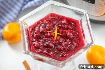 Cranberry sauce topped with orange zest next to the inner pot.