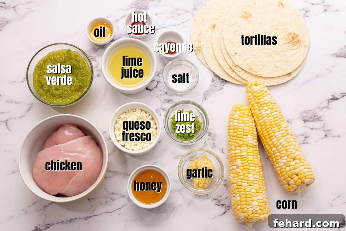 A vibrant flat lay of fresh ingredients for honey lime chicken and fajita toppings, including limes, honey, garlic, chicken breasts, and corn on the cob.