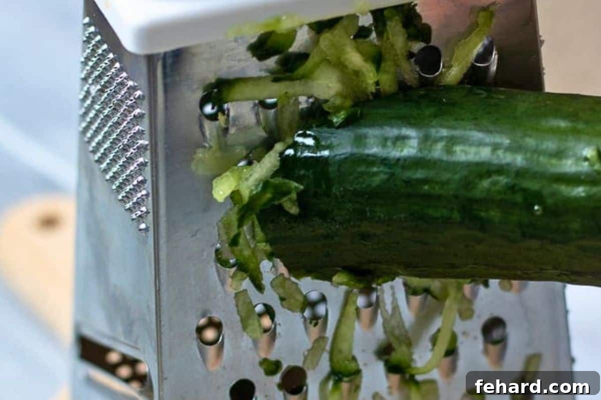 recipe Tzatziki A hand grating a large English cucumber using a box grater, preparing it for Tzatziki sauce.