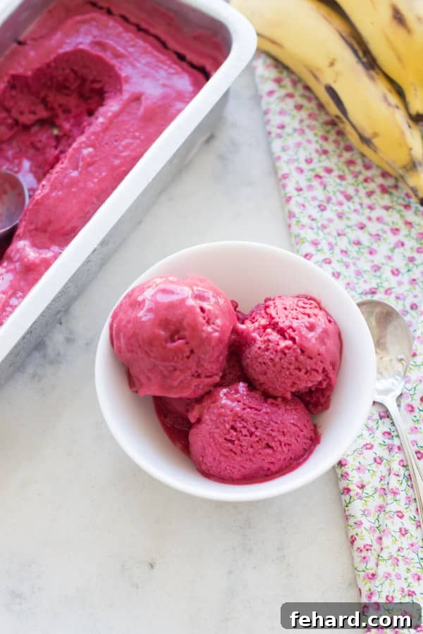 A bowl of Healthy Blender Raspberry Ice Cream, garnished with fresh raspberries and a spoon, ready to be eaten.