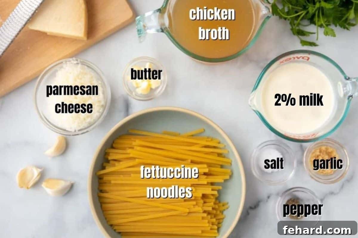 Ingredients for fettucine with light alfredo sauce labeled on counter, showing fresh garlic, milk, butter, and parmesan.