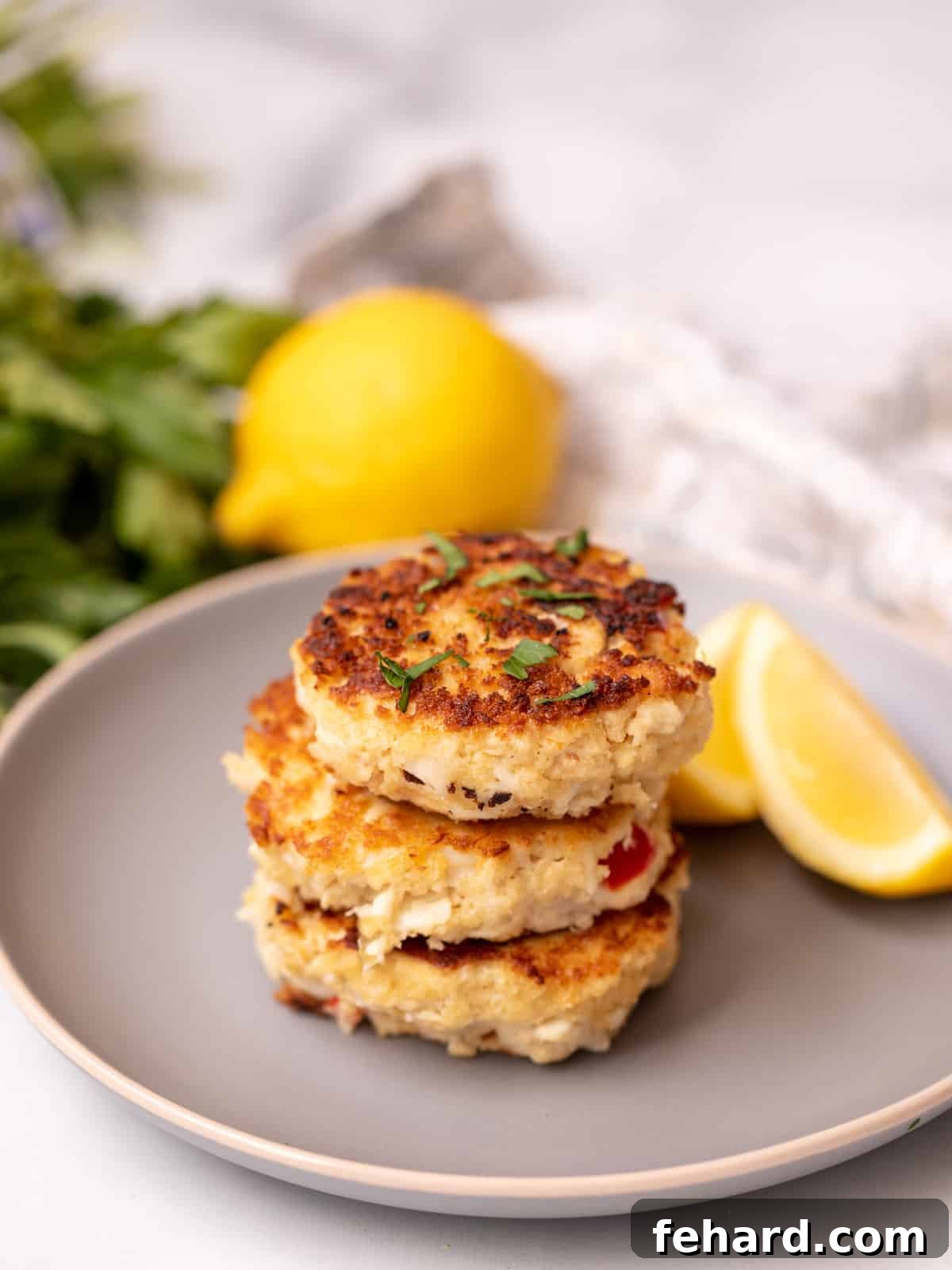 Two golden-brown crab cakes stacked on a gray plate, garnished with a lemon wedge and fresh herbs, with more crab cakes blurred in the background, highlighting their crisp texture and appetizing presentation.