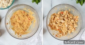Side by side pictures of filler ingredients mixed in mixing bowl before and after crab added.