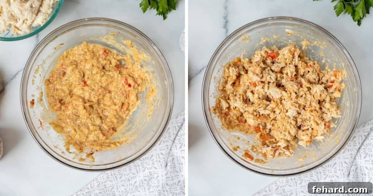 Two side-by-side images showing the mixing process: first, wet binder ingredients are whisked in a bowl; second, lump crab meat is gently folded into the mixture.
