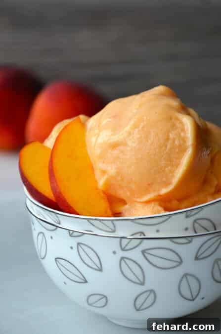 10 Guilt-Free Ice Cream Recipes 6 A delightful serving of peach frozen yogurt adorned with fresh peach slices in a pristine white bowl, accented by subtle green leaves.