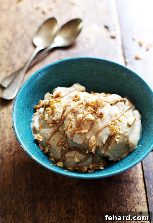 10 Guilt-Free Ice Cream Recipes 7 Creamy peanut butter banana ice cream generously topped with finely chopped peanuts, served invitingly in a charming blue bowl.