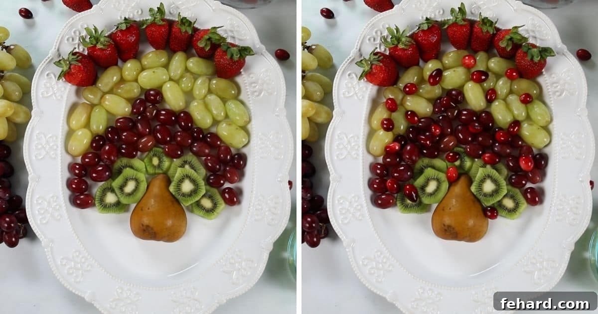 Two side-by-side photos demonstrating the process of arranging fruit around a pear to create a turkey shape, then adding cranberries for detail.