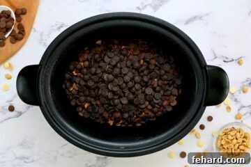 Set-It-and-Forget-It Sweets 4 Peanuts, peanut butter chips, white chocolate chips, and semi-sweet chocolate chips layered in slow cooker.