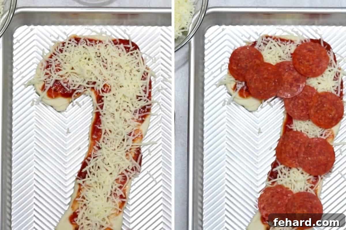 Side-by-side comparison of candy cane pizza: one with cheese, the other with pepperoni stripes added.