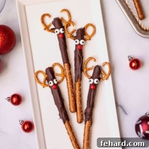 Reindeer Pretzels on white platter.