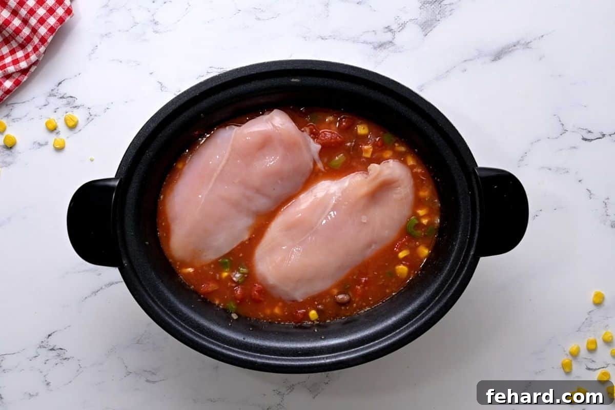 Chicken broth, beer, beans, corn, salsa, taco seasoning and chicken combined in the slow cooker.