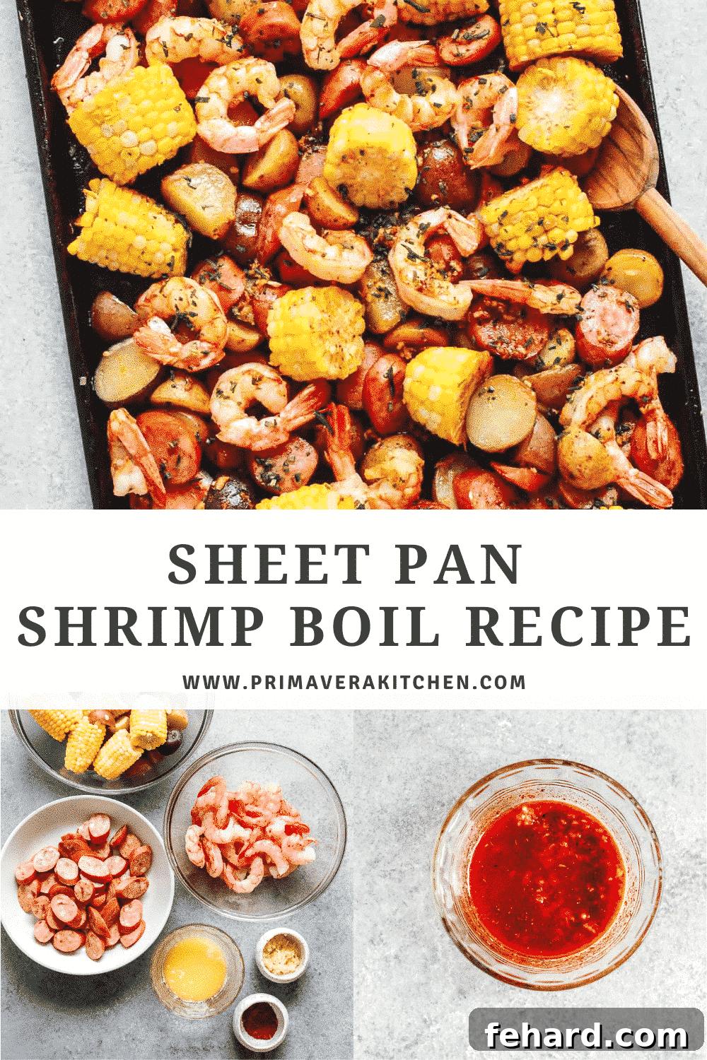 Easy One Pan Shrimp Boil 8 titled photo collage (and shown): sheet pan shrimp boil recipe