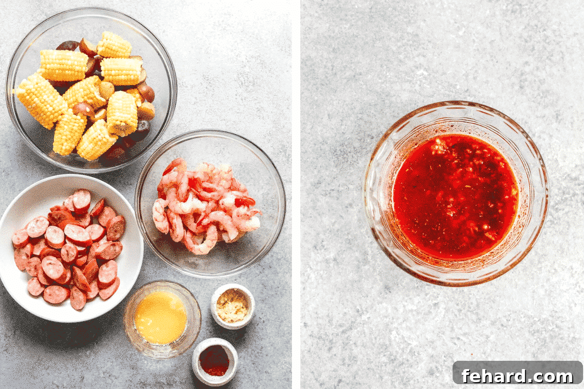 Easy One Pan Shrimp Boil 4 side by side photos of shrimp boil ingredients and the prepared butter sauce, showcasing the fresh herbs and spices