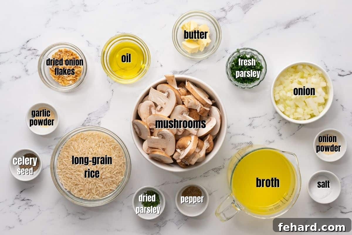 Key Ingredients for Rice Pilaf Recipe A curated display of all ingredients needed for a delicious rice pilaf recipe, neatly arranged on a kitchen counter, labeled for clarity.