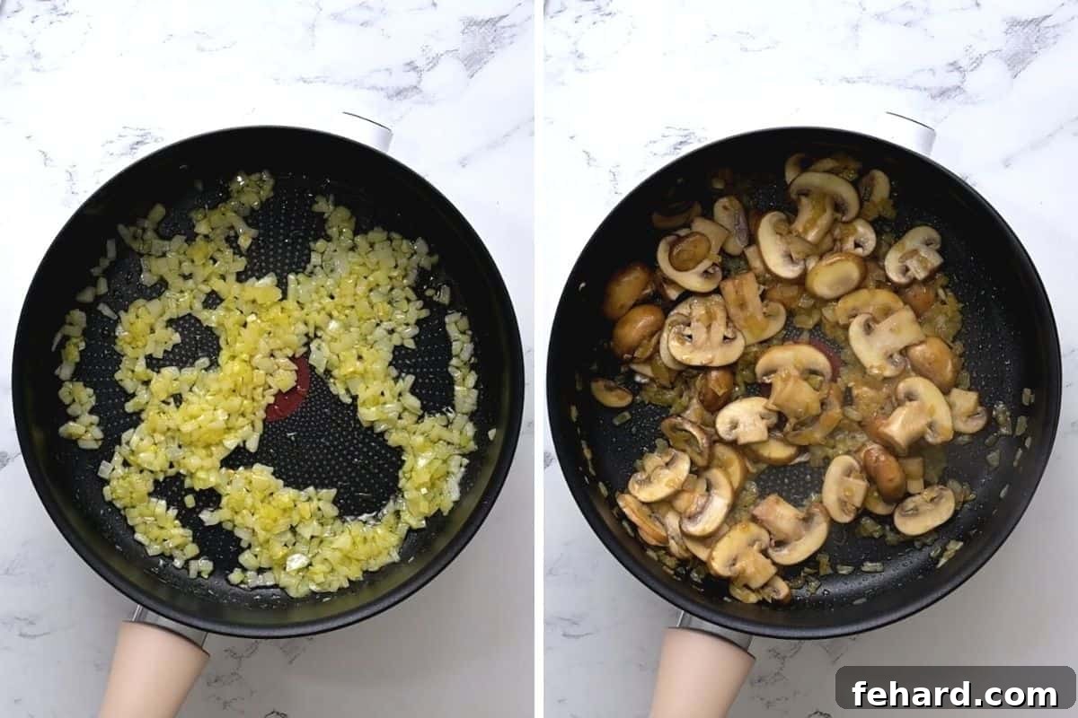 Sautéing Onions and Mushrooms for Rice Pilaf Two sequential images showing the sautéing process: first, minced onions in butter and olive oil, then mushrooms added and cooked until fragrant and browned, setting the stage for flavorful rice pilaf.
