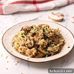 Rice Pilaf in a white bowl with Mushrooms and Parsley garnish, ready to be served.