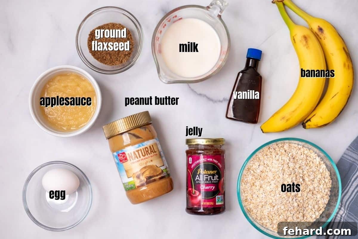 Neatly arranged wholesome ingredients for oatmeal cups on a kitchen counter, ready for preparation, highlighting the simplicity of the recipe.