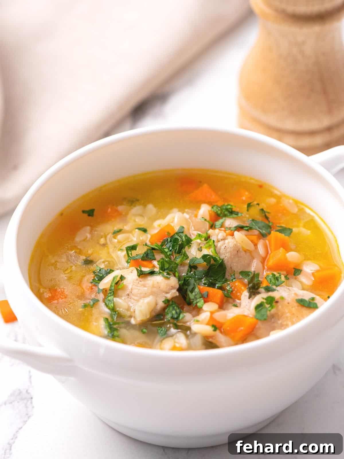 A beautiful bowl of bright lemon chicken orzo soup, garnished with fresh herbs, ready to be enjoyed.