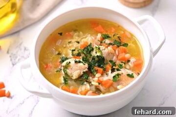 A close-up of a white bowl filled with finished orzo soup, garnished with fresh parsley and a lemon wedge.