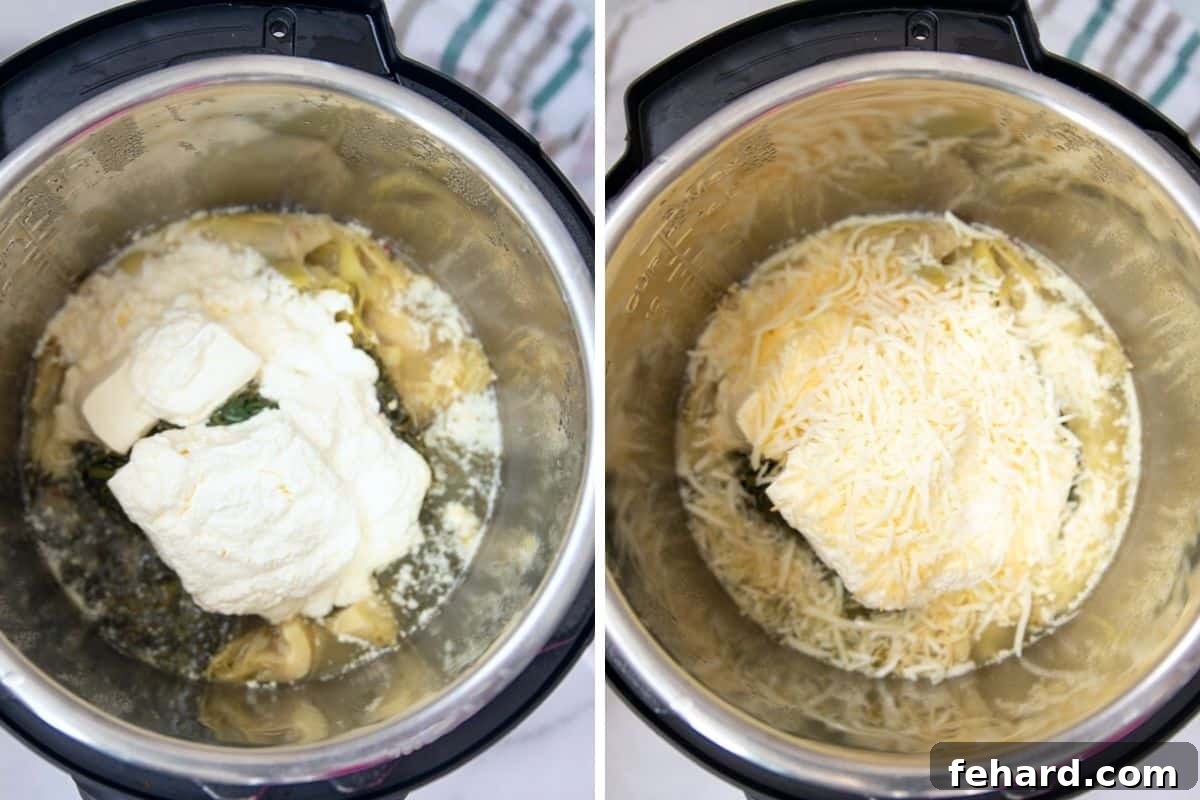 Instant Pot Spinach Dip Transformation Comparison image of Instant Pot Spinach Artichoke Dip before and after stirring in cheese.