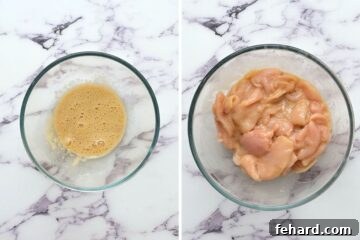 Side by side photo of chicken marinade next to chicken in marinade.