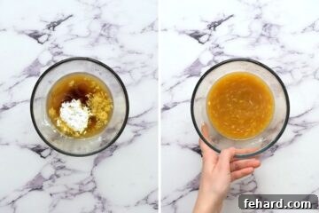 Side by side bowl before and after mixing together moo goo gai pan sauce ingredients.