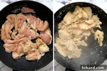 Side by side photo of saute pan before and after browning chicken breast.