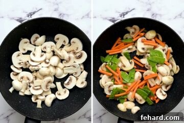 Side by side photo of saute pan with mushrooms and with mushrooms, carrots, and snow peas.